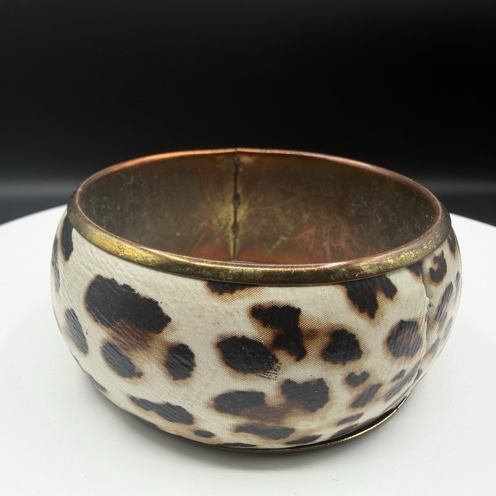 Cream Leopard Print Wide Gold Tone Bangle Bracelet Chunky Statement Y2K Gift